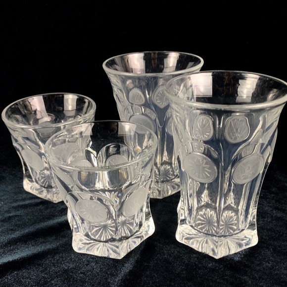 4 Vintage Fostoria Coin Eagle Torch Glasses 2 Highball 2  4 Vintage Fostoria Coin Eagle Torch Glasses 2 Highball 2 Tumblers Excellent